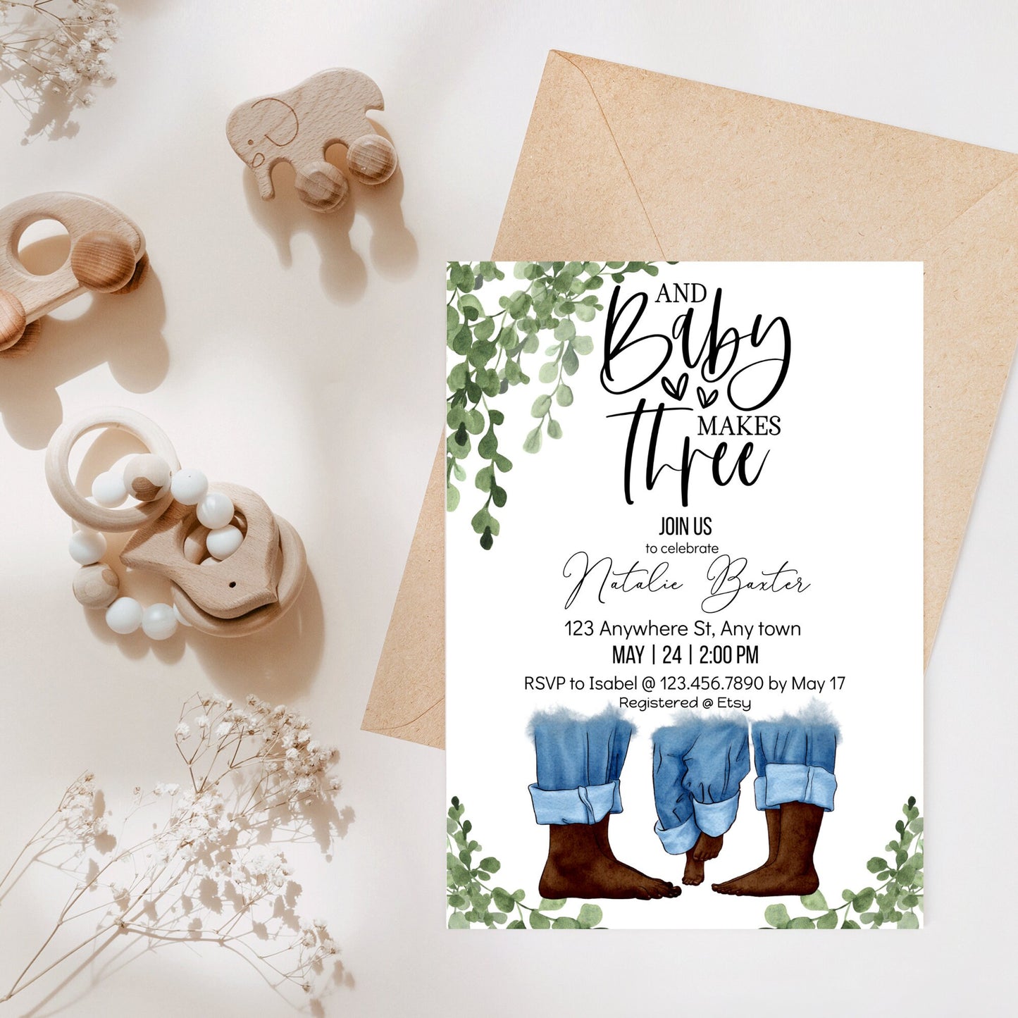 eucalyptus greenery baby shower invitations, baby makes three, printable minimalist baby shower invitations,neutral baby,african american ii