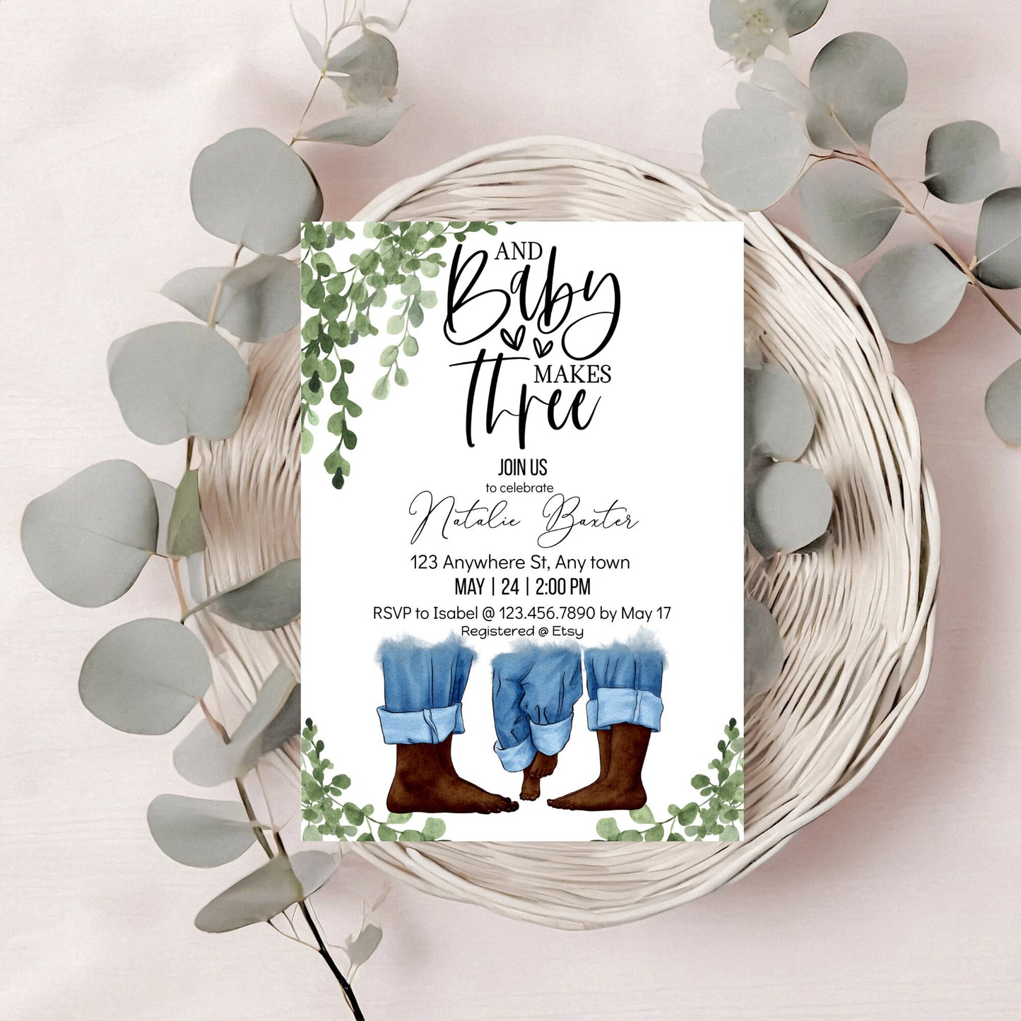 eucalyptus greenery baby shower invitations, baby makes three, printable minimalist baby shower invitations,neutral baby,african american ii