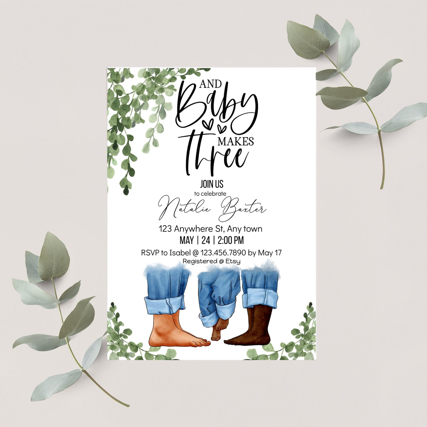 eucalyptus greenery baby shower invitations, baby makes three, printable minimalist baby shower invitations, gender neutral , interracial ii