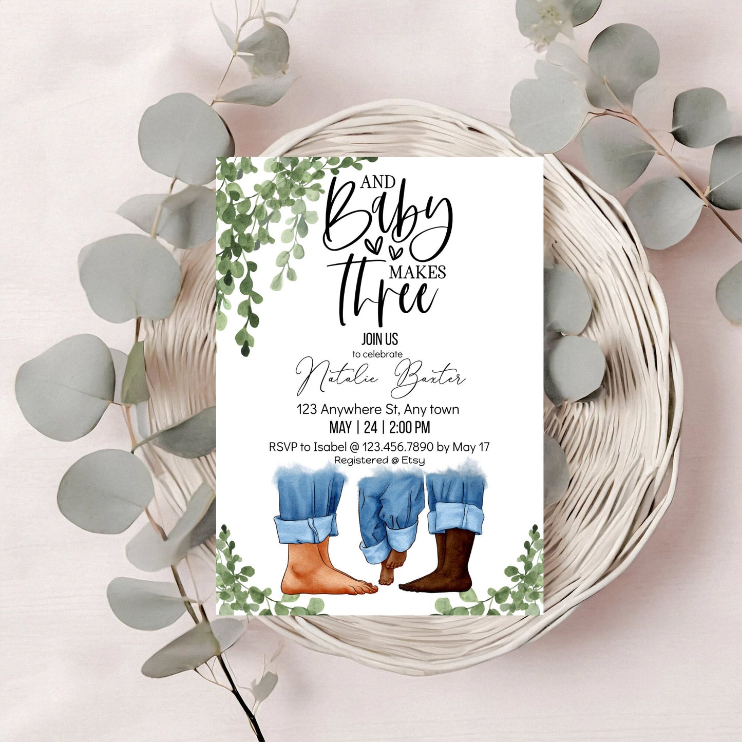 eucalyptus greenery baby shower invitations, baby makes three, printable minimalist baby shower invitations, gender neutral , interracial ii