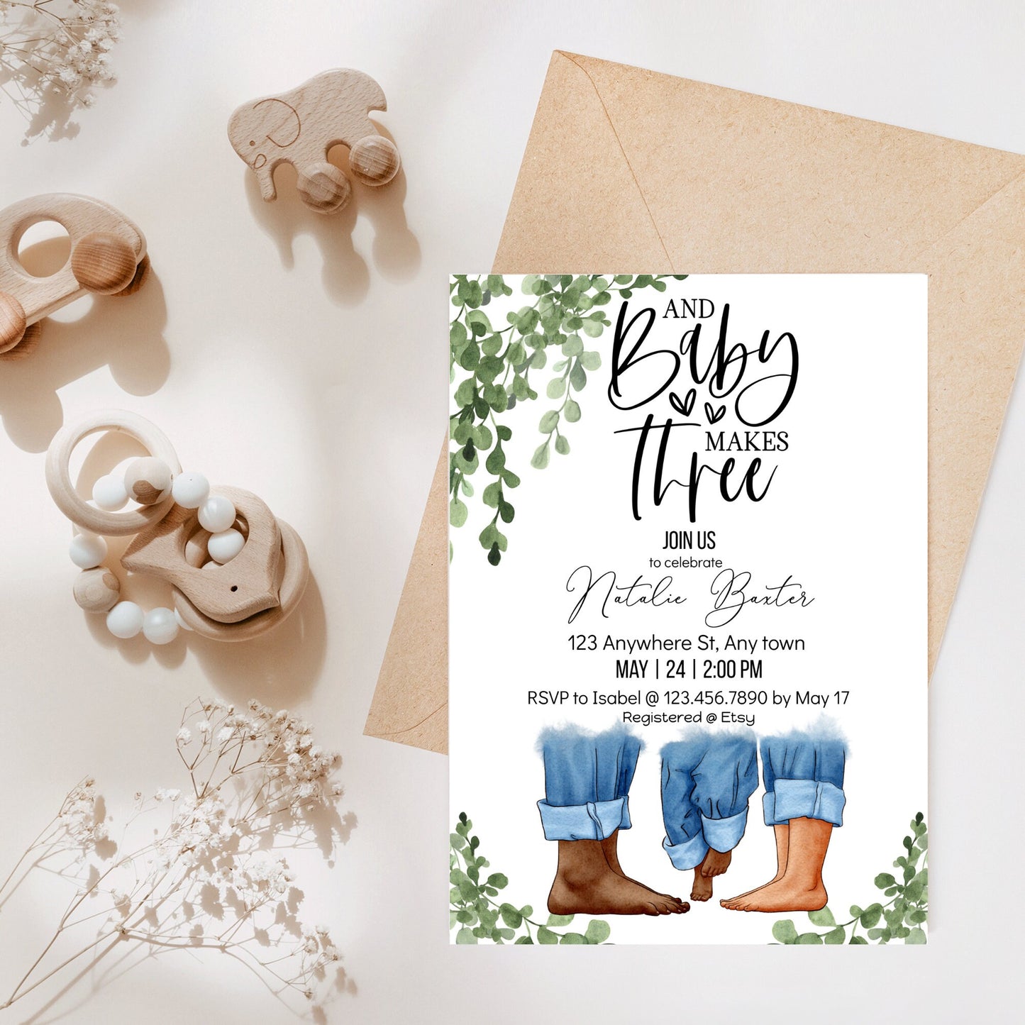 eucalyptus greenery baby shower invitations, baby makes three, printable minimalist baby shower invitations, gender neutral, interracial iii