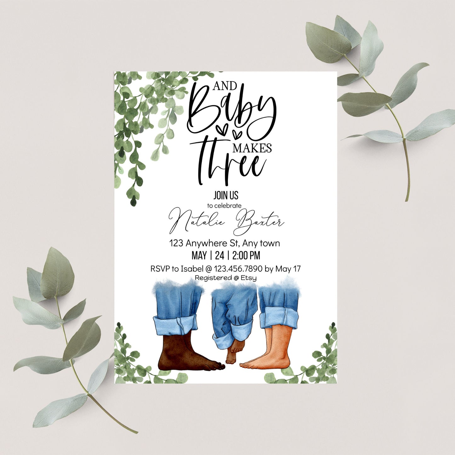 eucalyptus greenery baby shower invitations, baby makes three, printable minimalist baby shower invitations, gender neutral, interracial iv