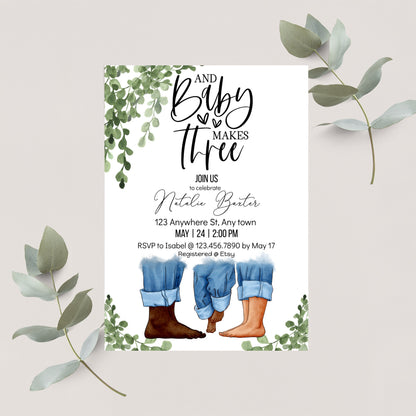 Eucalyptus Greenery Baby Shower Invitations, Baby Makes Three, Printable Minimalist Baby Shower Invitations, Gender Neutral, Interracial IV