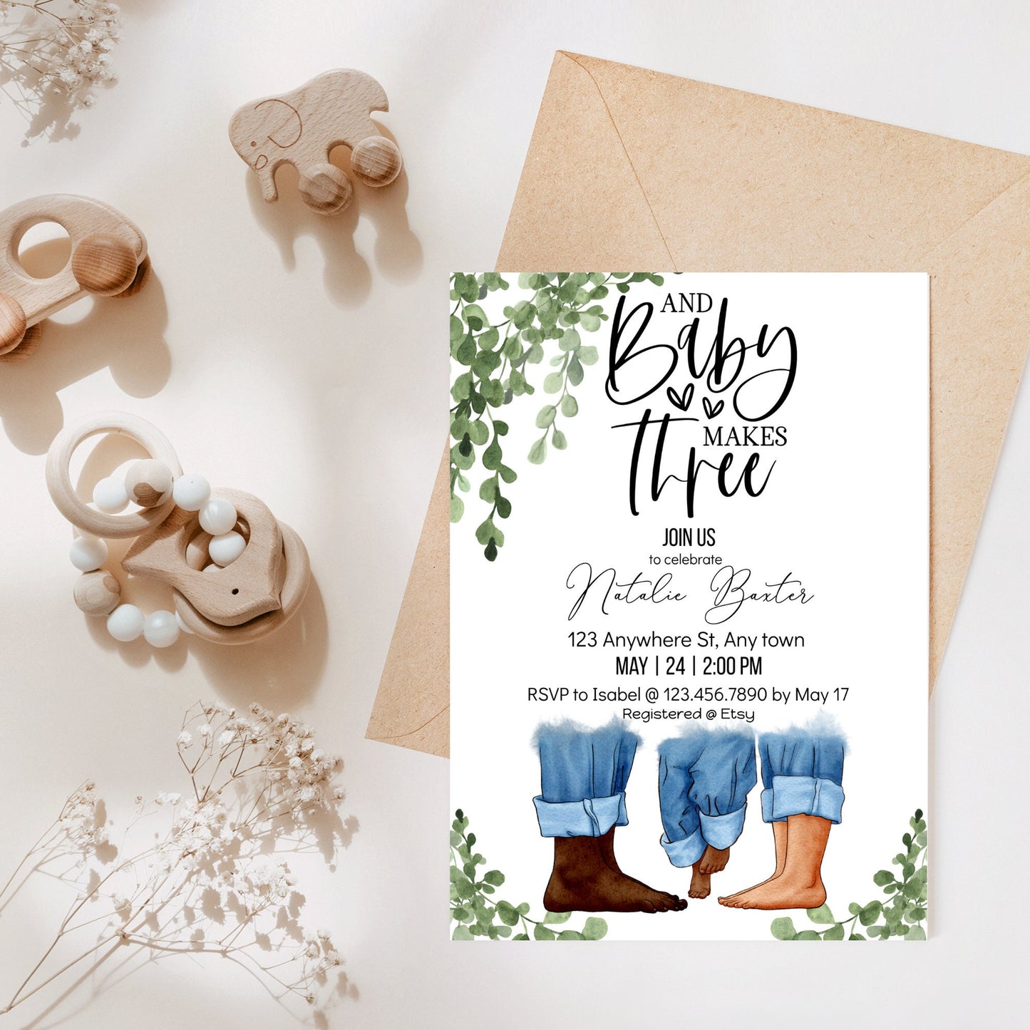 eucalyptus greenery baby shower invitations, baby makes three, printable minimalist baby shower invitations, gender neutral, interracial iv