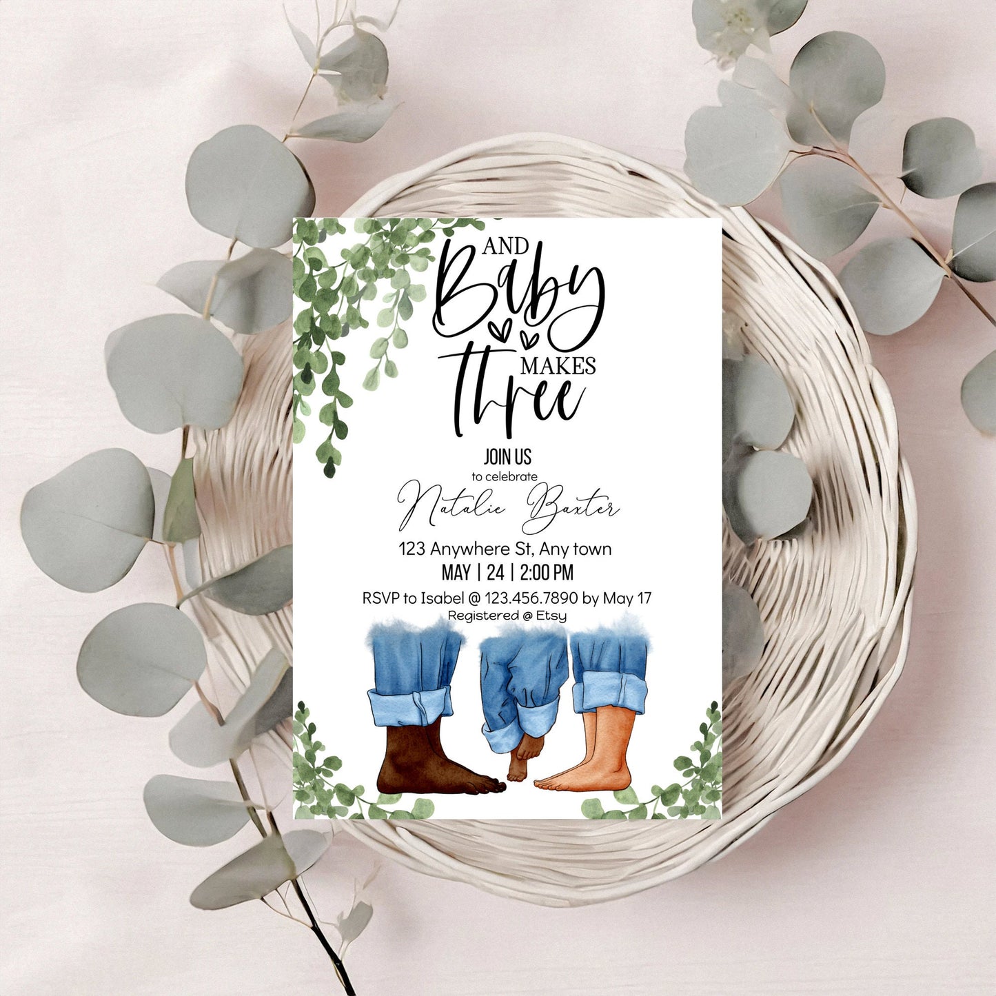 eucalyptus greenery baby shower invitations, baby makes three, printable minimalist baby shower invitations, gender neutral, interracial iv