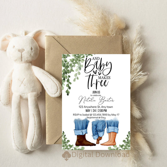 Eucalyptus Greenery Baby Shower Invitations, Baby Makes Three, Printable Minimalist Baby Shower Invitations, Gender Neutral, Interracial IV