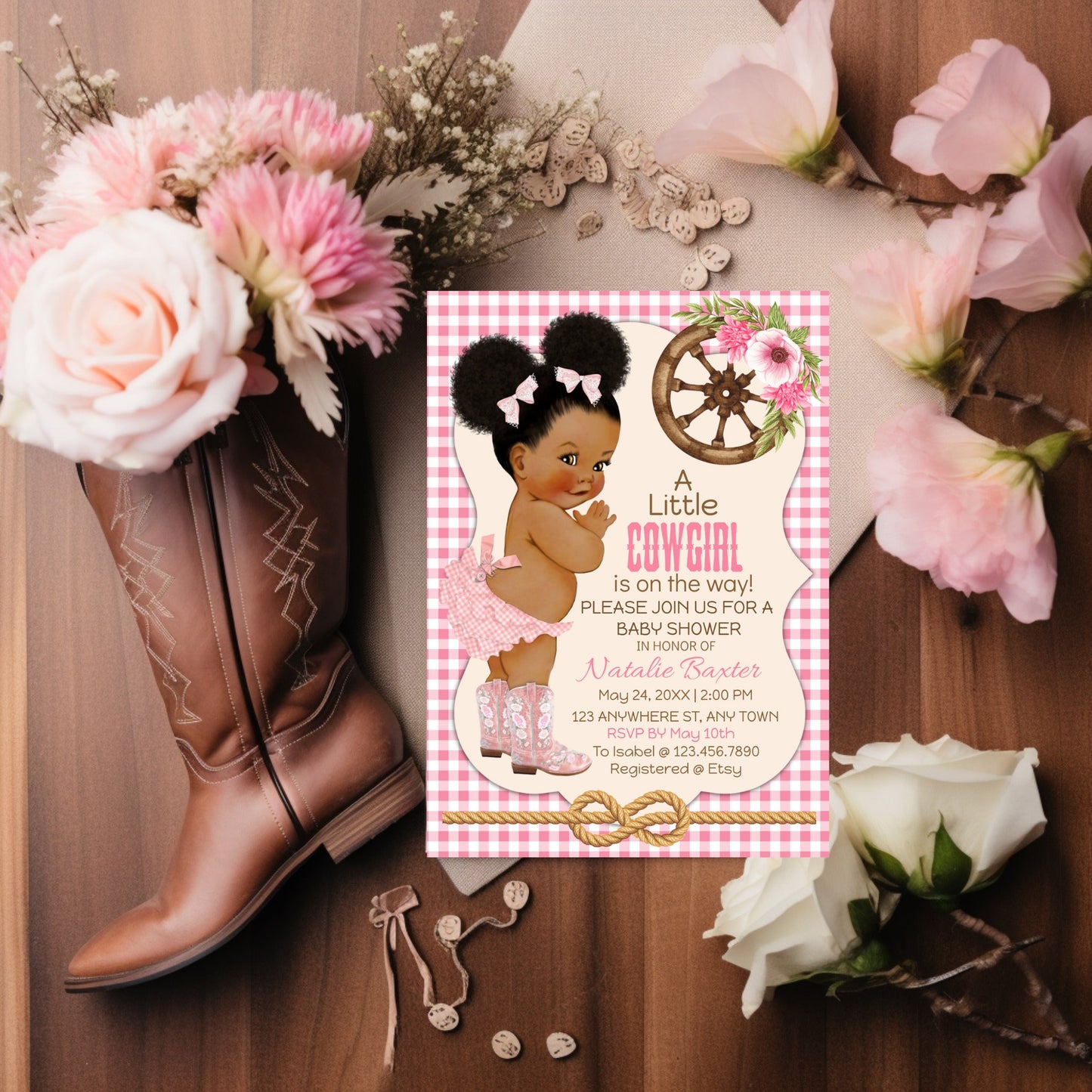 a little cowgirl, rustic baby shower invitations, editable and printable western theme baby shower invite, curly african american, gingham