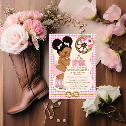 A Little Cowgirl, Rustic Baby Shower Invitations, Editable and Printable Western Theme Baby Shower Invite, Curly African American, Gingham