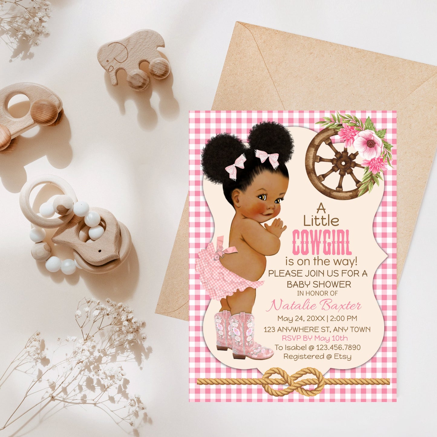 a little cowgirl, rustic baby shower invitations, editable and printable western theme baby shower invite, curly african american, gingham