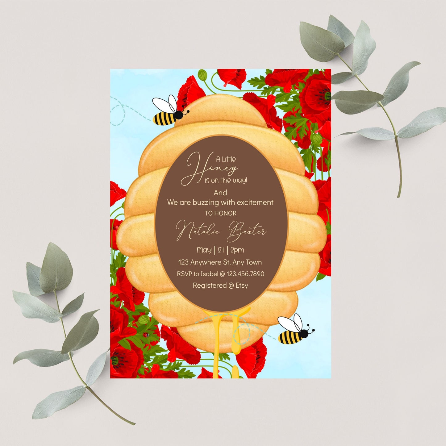 bee baby shower invitation,a little honey is on the way, printable and editable 5x7 poppy flower and beehive baby shower invitations,