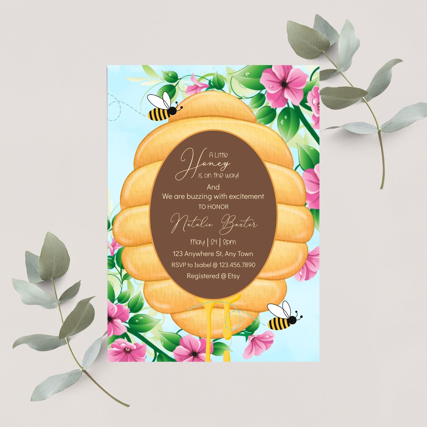 a little honey is on the way, printable and editable 5x7 peruvian lily and beehive baby shower invitations,gender neutral spring baby shower