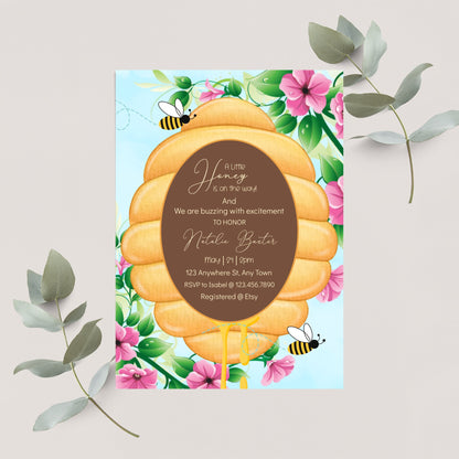 A Little Honey Is On The Way, Printable and Editable 5x7 Peruvian Lily And Beehive Baby Shower Invitations,Gender Neutral Spring Baby Shower