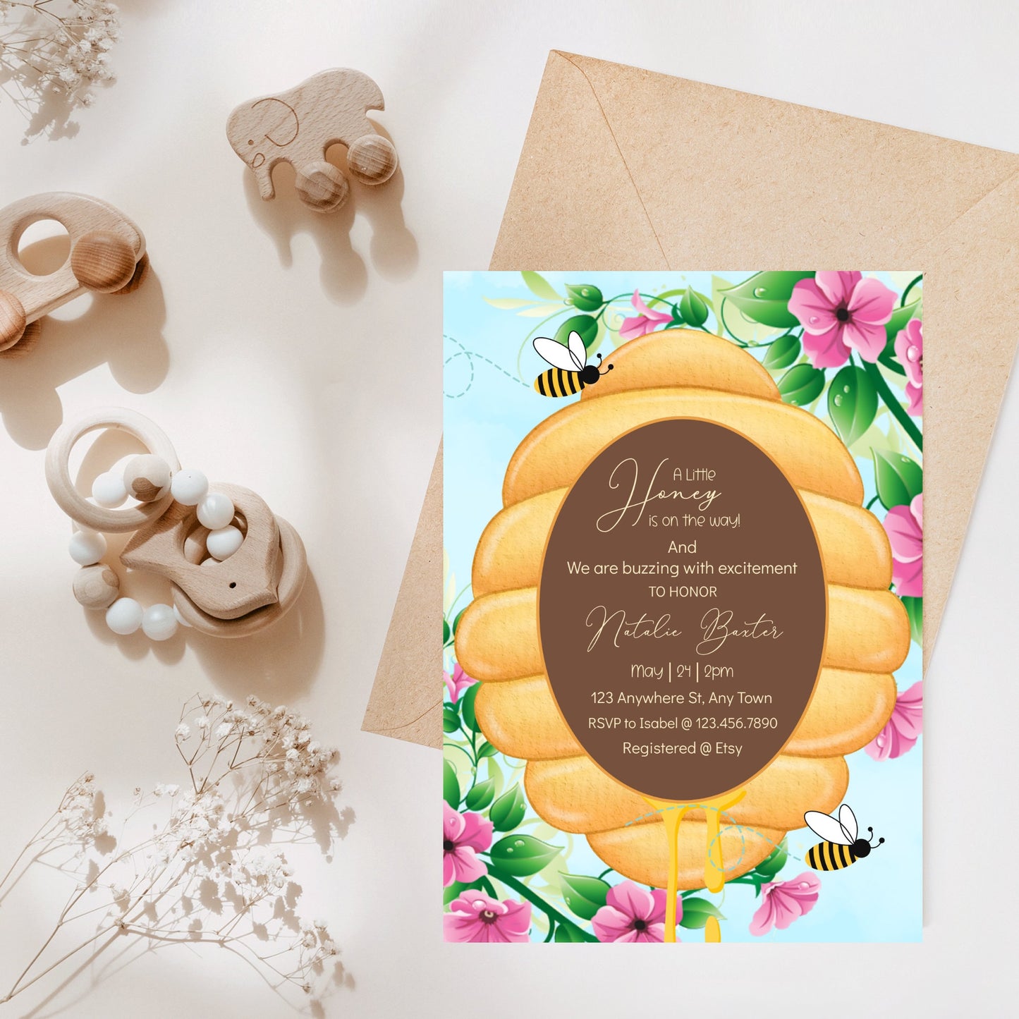 a little honey is on the way, printable and editable 5x7 peruvian lily and beehive baby shower invitations,gender neutral spring baby shower