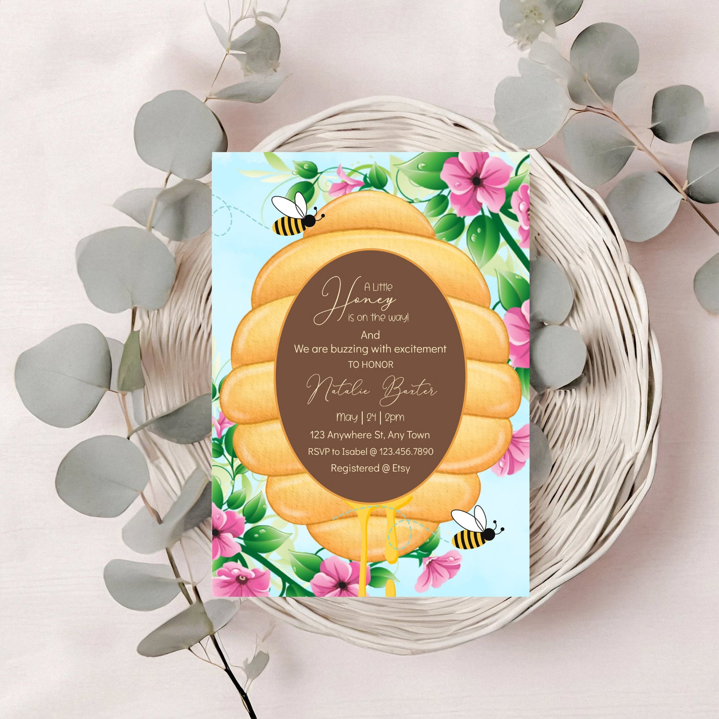 a little honey is on the way, printable and editable 5x7 peruvian lily and beehive baby shower invitations,gender neutral spring baby shower