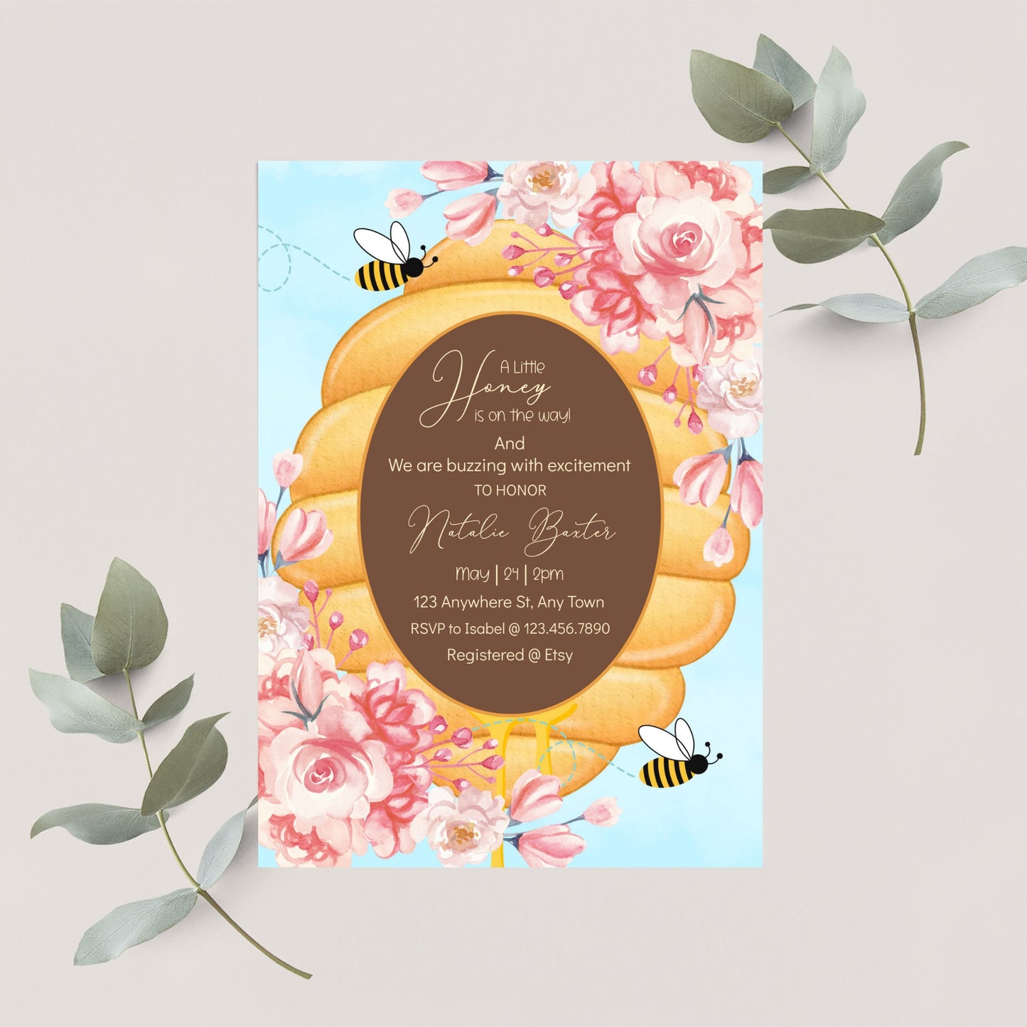 a little honey is on the way, printable and editable 5x7 pink roses and beehive baby shower invitations, gender neutral spring baby shower