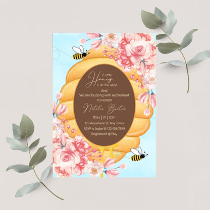 A Little Honey Is On The Way, Printable and Editable 5x7 Pink Roses And Beehive Baby Shower Invitations, Gender Neutral Spring Baby Shower