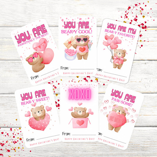 Valentine’s Day Kids Party Cards or Stickers, Valentine’s Day Classroom Cards, Valentine’s Day Tags, Set of 12 (3.5 x 2.25) Brown Bears