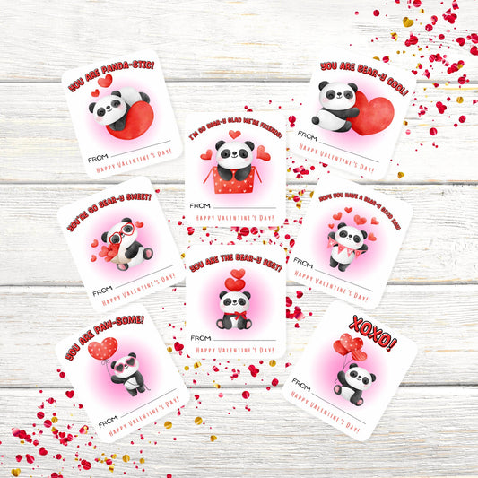 Panda Valentine’s Day Kids Party Cards or Stickers, Valentine’s Day Classroom Cards, Valentine’s Day Tags, Set of 8 (3 x 2.64”)