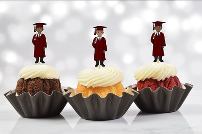 Cute African American Male Maroon Graduation Party Cupcake Toppers (Set of 12)