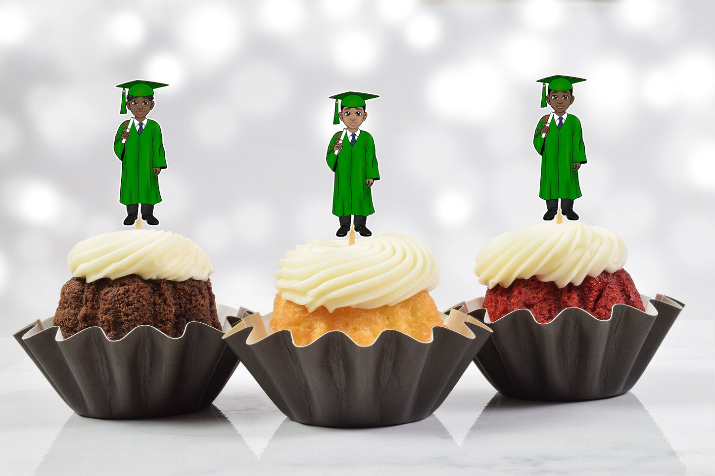 cute african american male green graduation party cupcake toppers (set of 12)