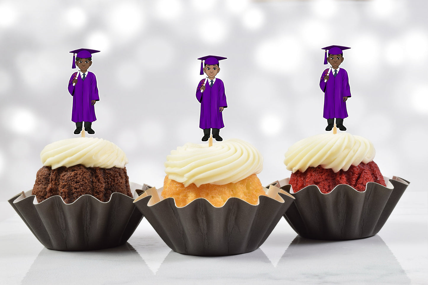 cute african american male purple graduation party cupcake toppers (set of 12)