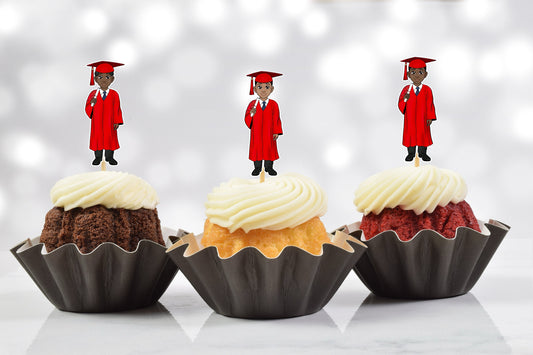 Cute African American Male Red Graduation Party Cupcake Toppers (Set of 12)