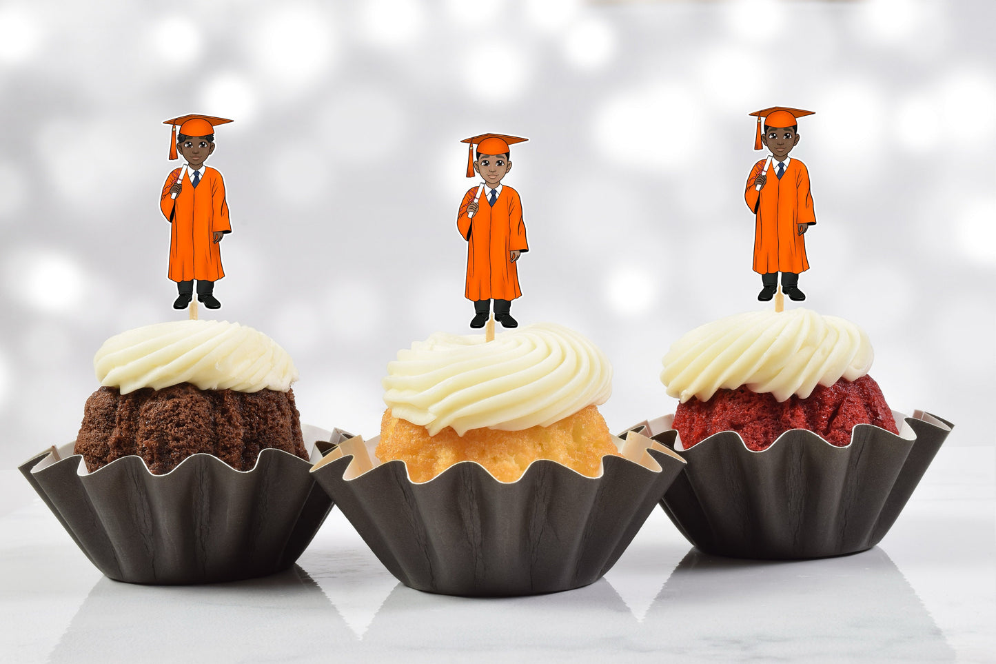 cute african american male orange graduation party cupcake toppers (set of 12)