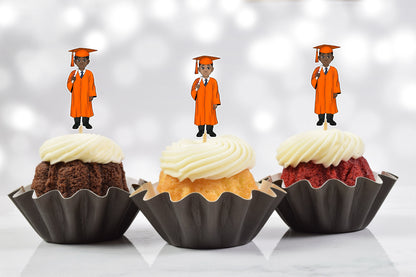 Cute African American Male Orange Graduation Party Cupcake Toppers (Set of 12)