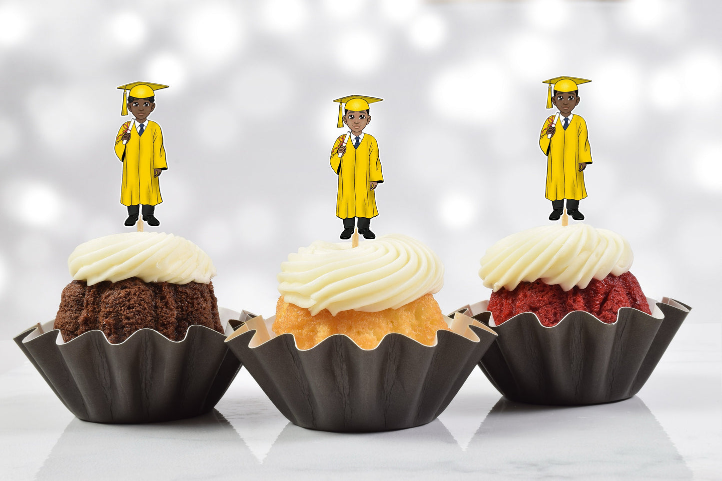 cute african american male yellow graduation party cupcake toppers (set of 12)