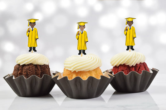 Cute African American Male Yellow Graduation Party Cupcake Toppers (Set of 12)