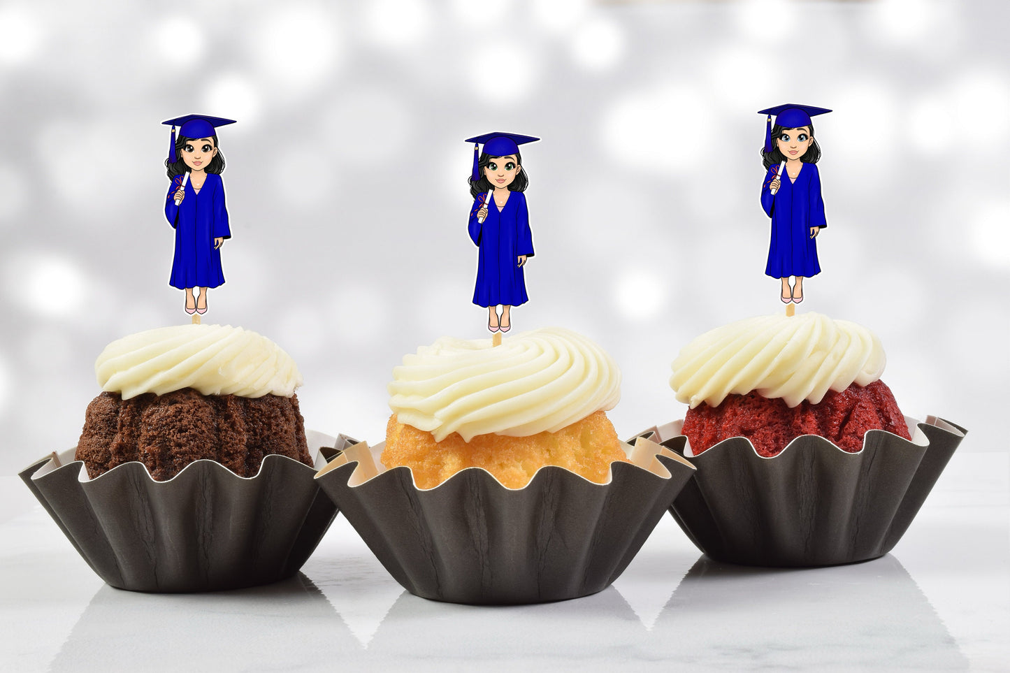 graduation cupcake toppers blue cap and gown - set of 12 brunette