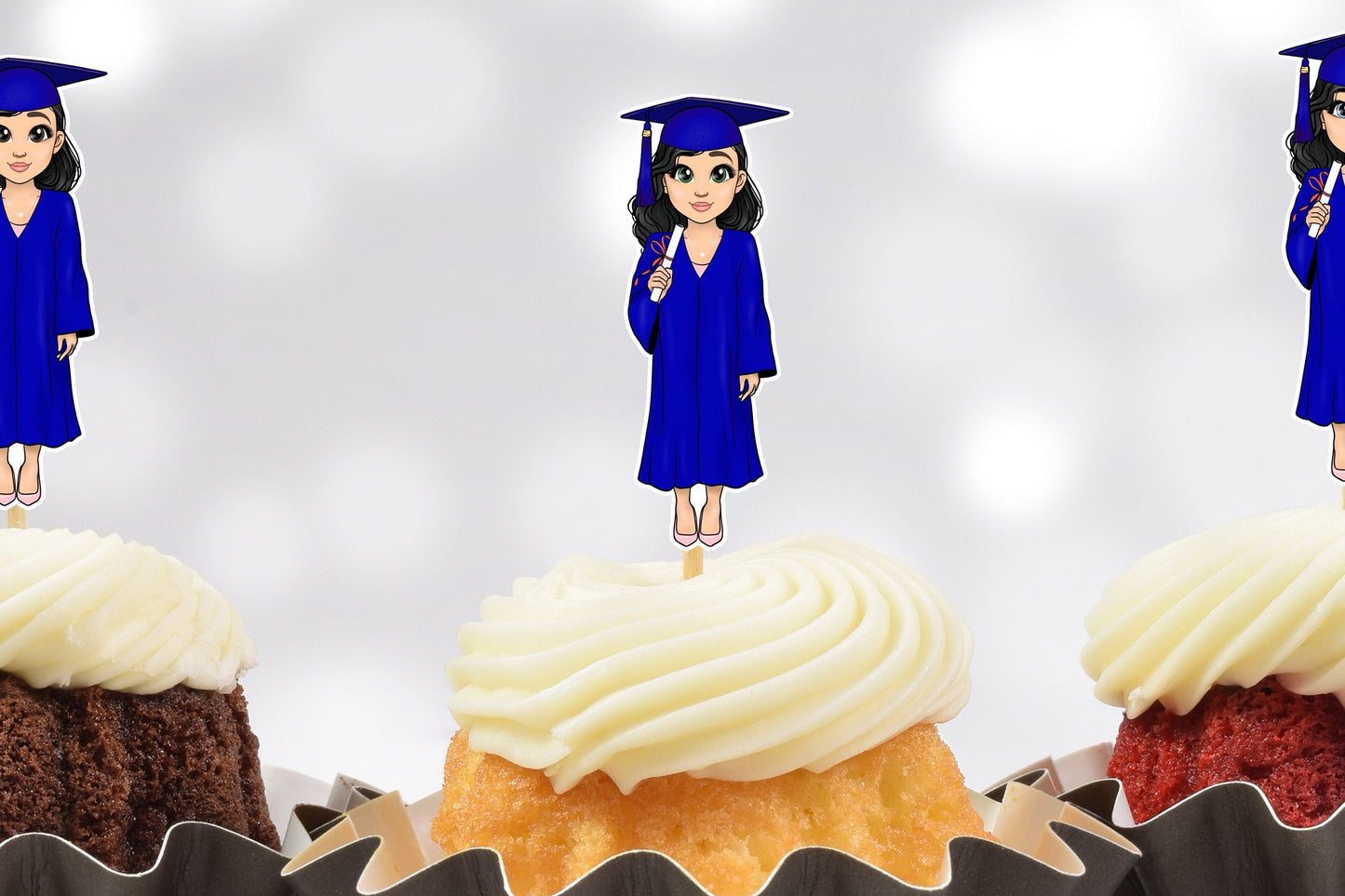 graduation cupcake toppers blue cap and gown - set of 12 brunette