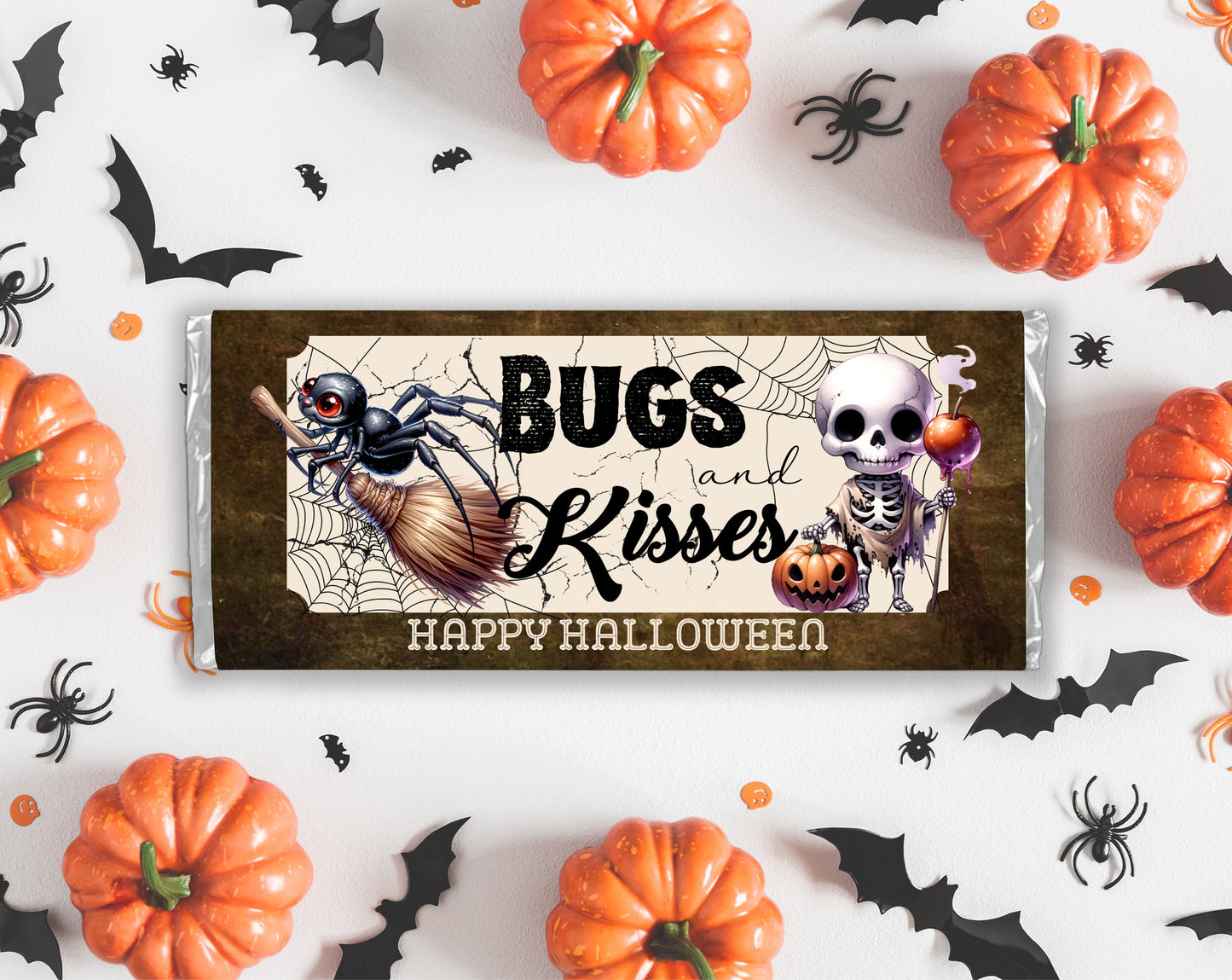 bugs and hugs, ghost chocolate bar candy wrappers, chocolates bar labels