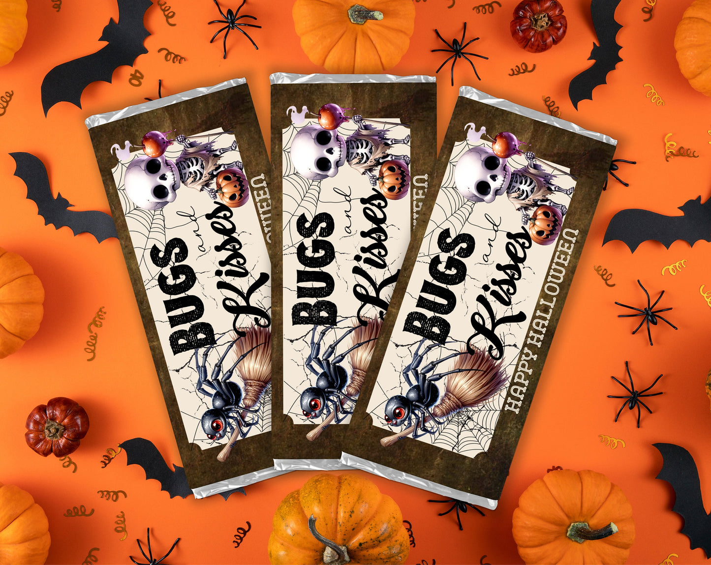 bugs and hugs, ghost chocolate bar candy wrappers, chocolates bar labels