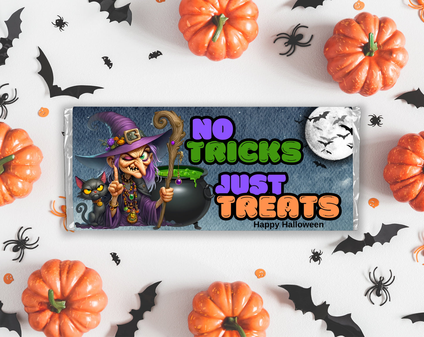 no tricks just treats, happy halloween chocolate bar candy wrappers, chocolates bar labels