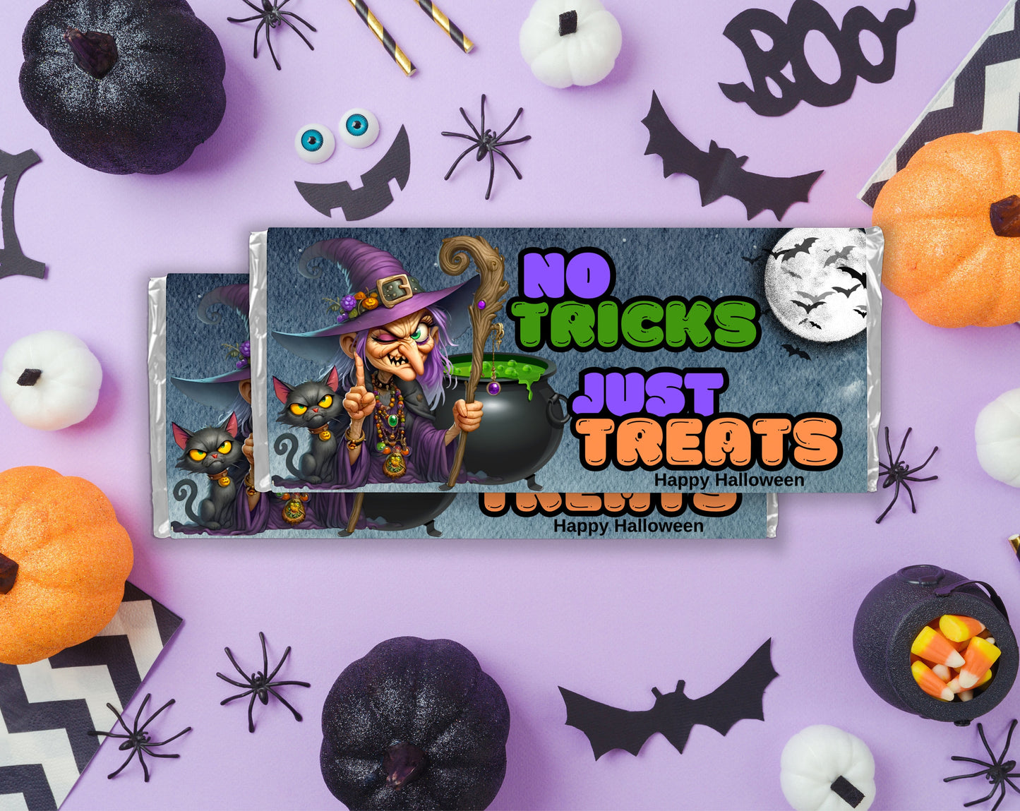 no tricks just treats, happy halloween chocolate bar candy wrappers, chocolates bar labels