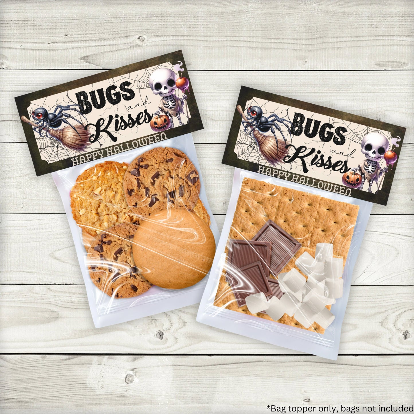 bugs and hugs party bag toppers, halloween treat bag tops, 4.15” x 2” toppers