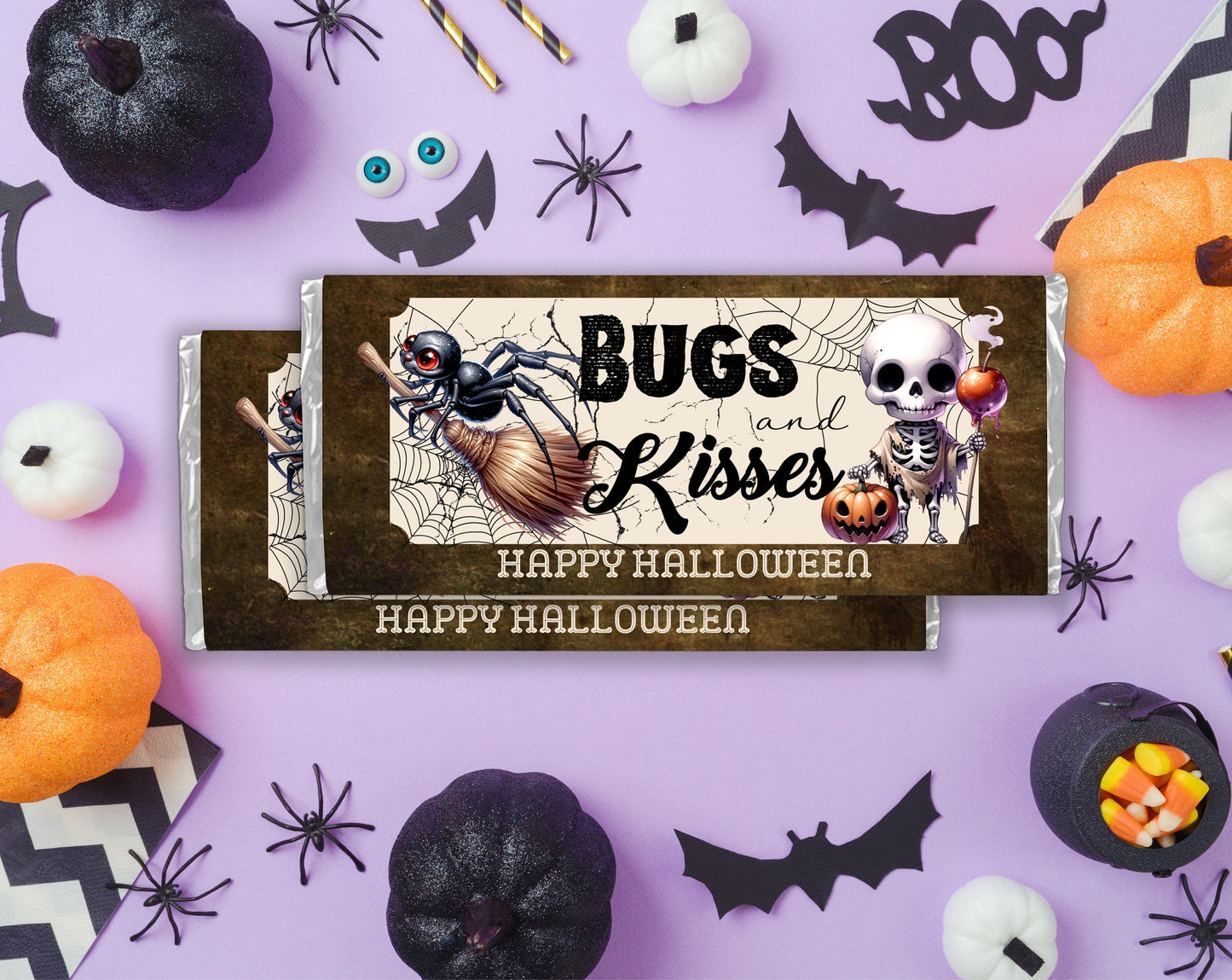 bugs and hugs, ghost chocolate bar candy wrappers, chocolates bar labels