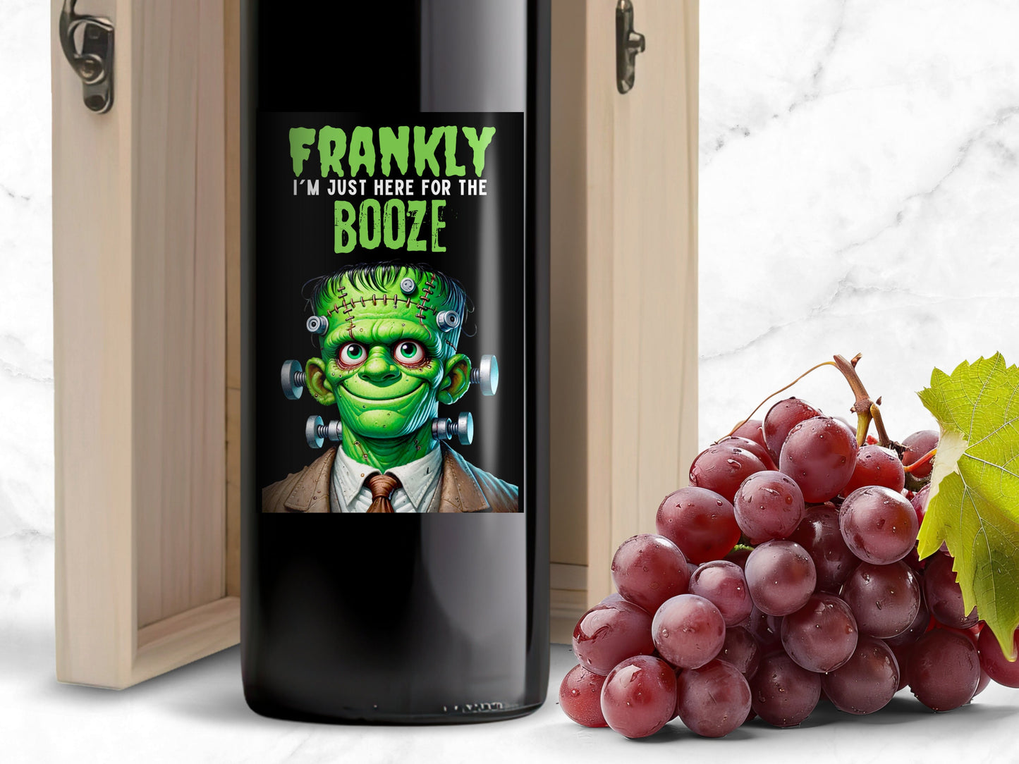 frankly i’m just here for the booze, frankenstein halloween wine label, 4.75 x3.75 labels