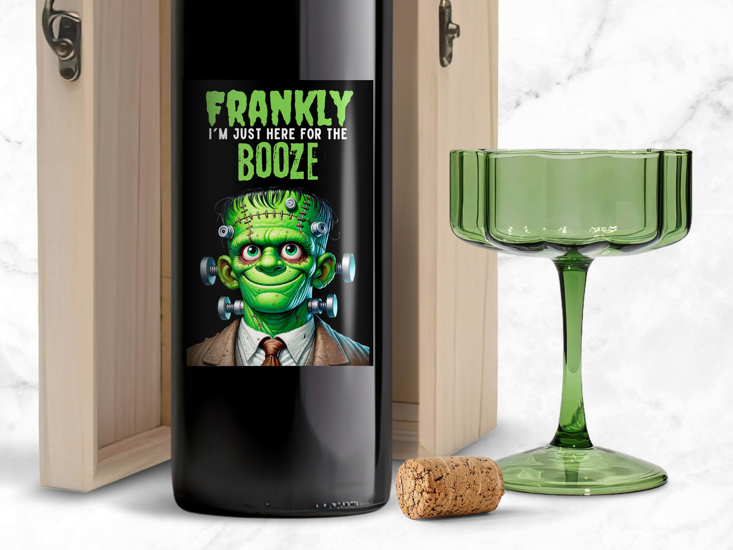 frankly i’m just here for the booze, frankenstein halloween wine label, 4.75 x3.75 labels