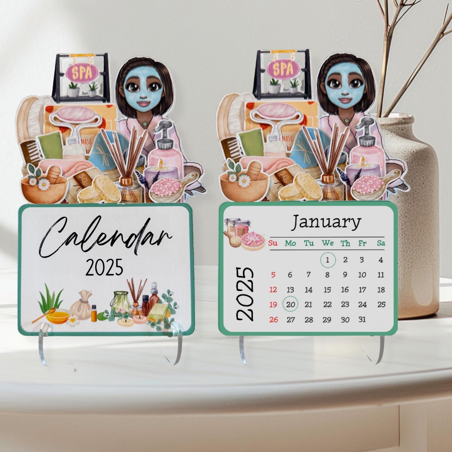 2025 mini spa desk calendar, self care calendar, african american, style bbob