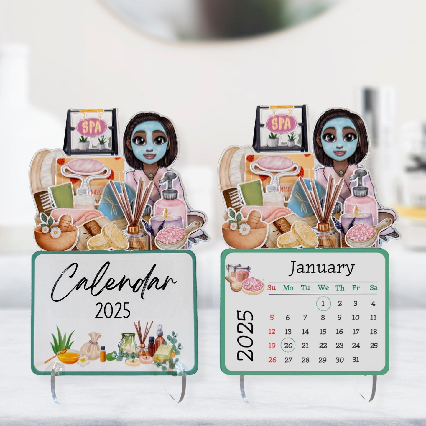 2025 mini spa desk calendar, self care calendar, african american, style bbob