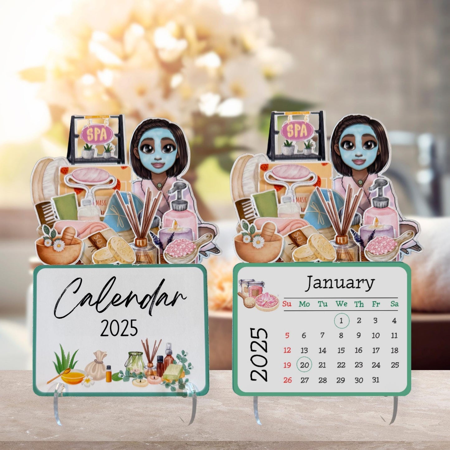 2025 mini spa desk calendar, self care calendar, african american, style bbob