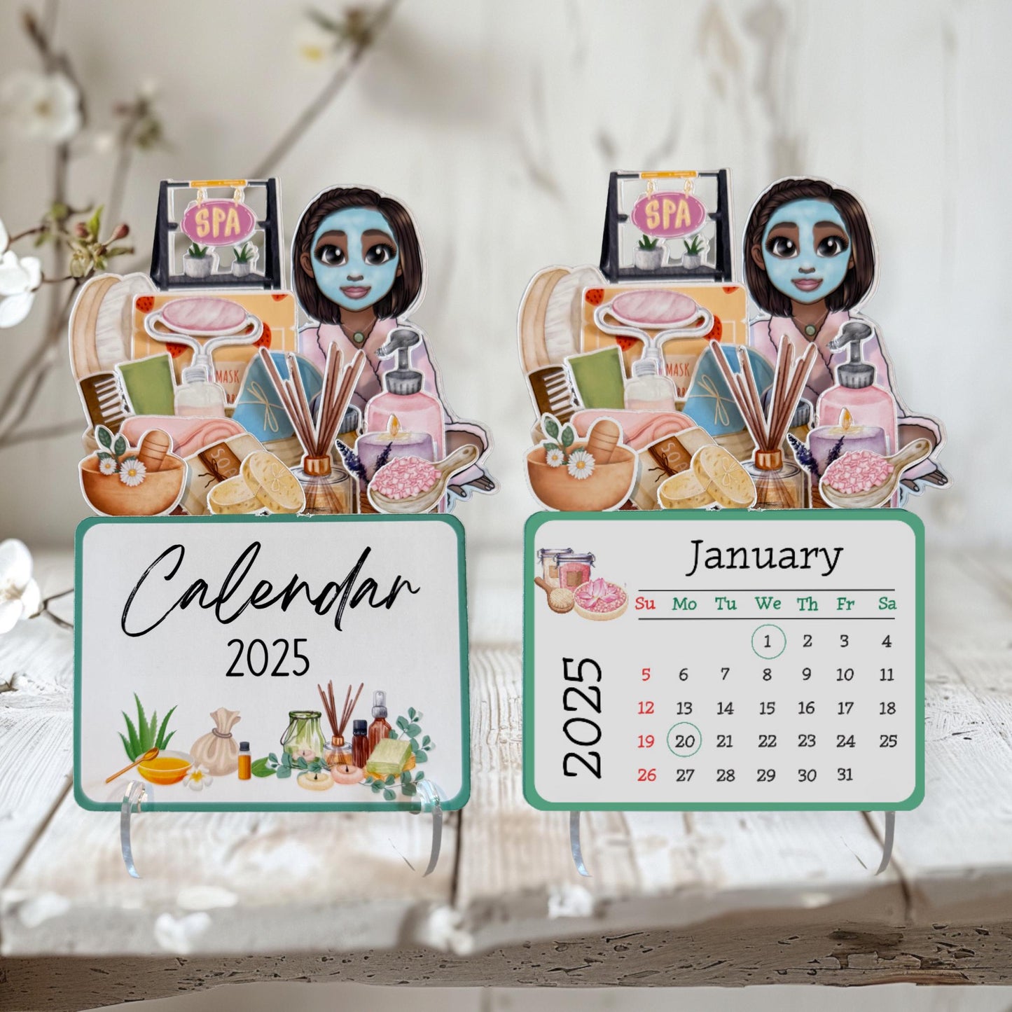 2025 mini spa desk calendar, self care calendar, african american, style bbob