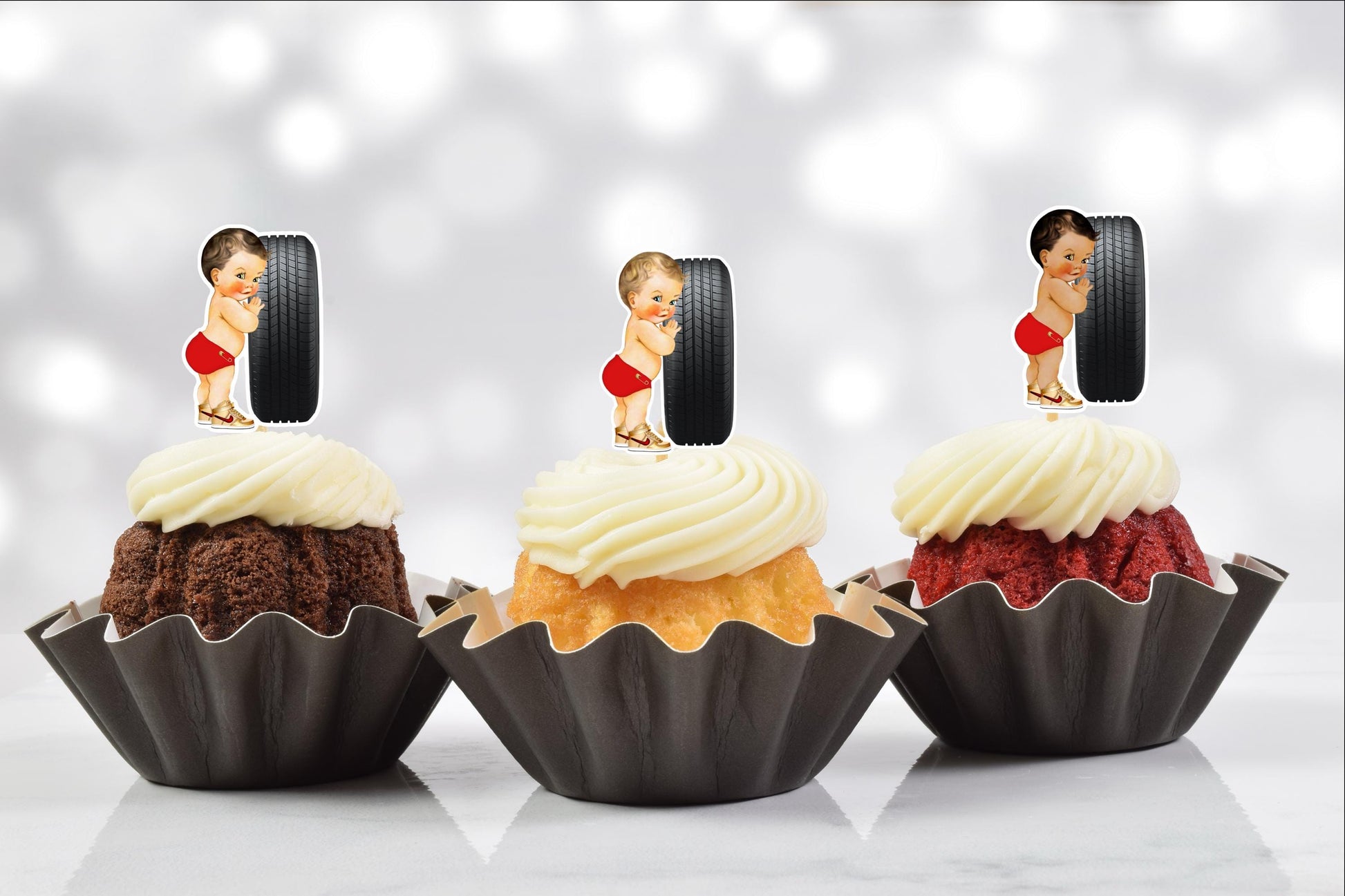 Wheels or Heels Cupcake Toppers (Set of 12) Red/Purple