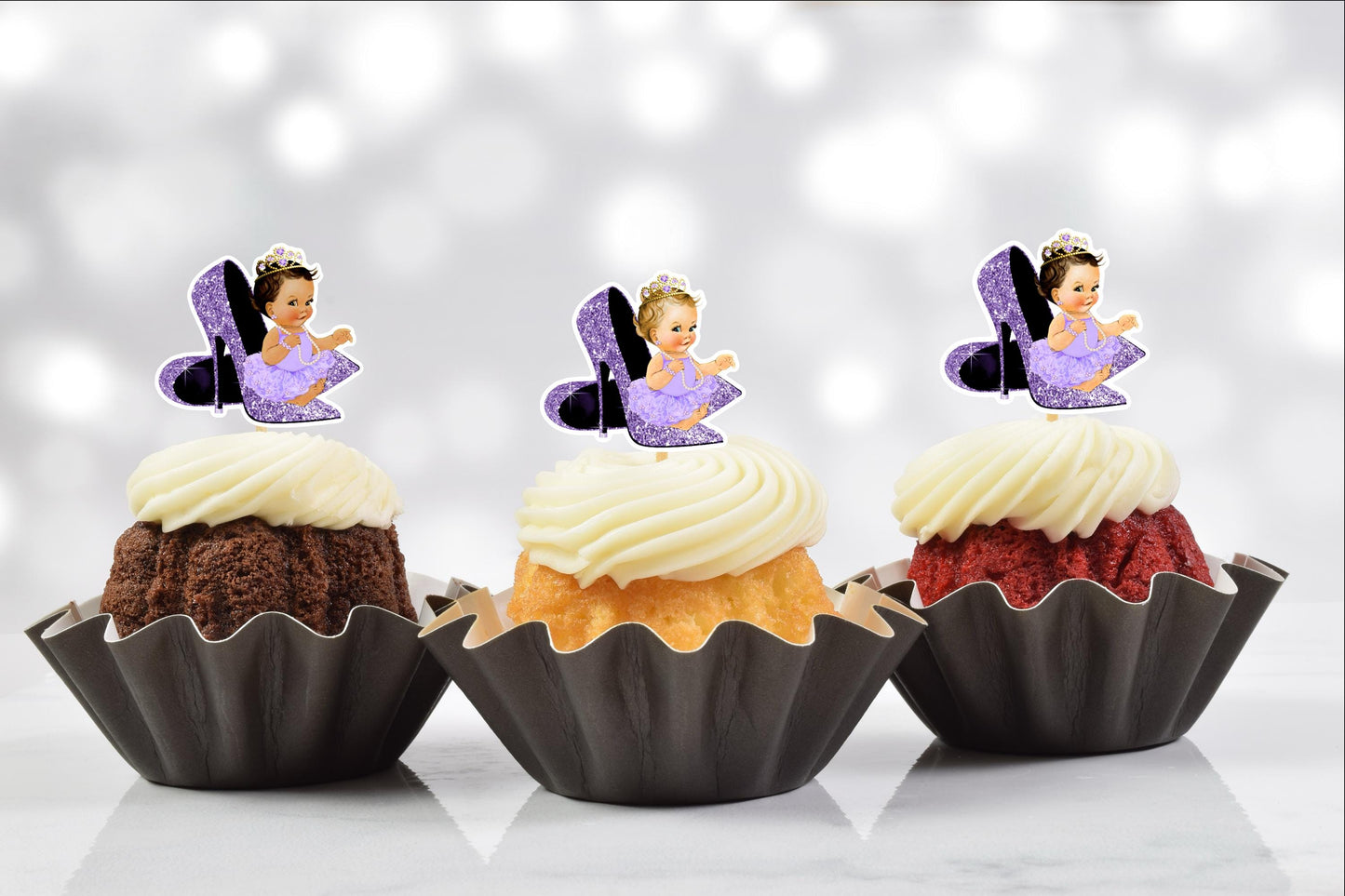 wheels or heels cupcake toppers (set of 12) red/purple