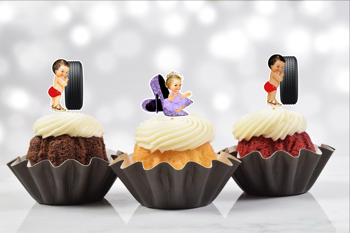 wheels or heels cupcake toppers (set of 12) red/purple