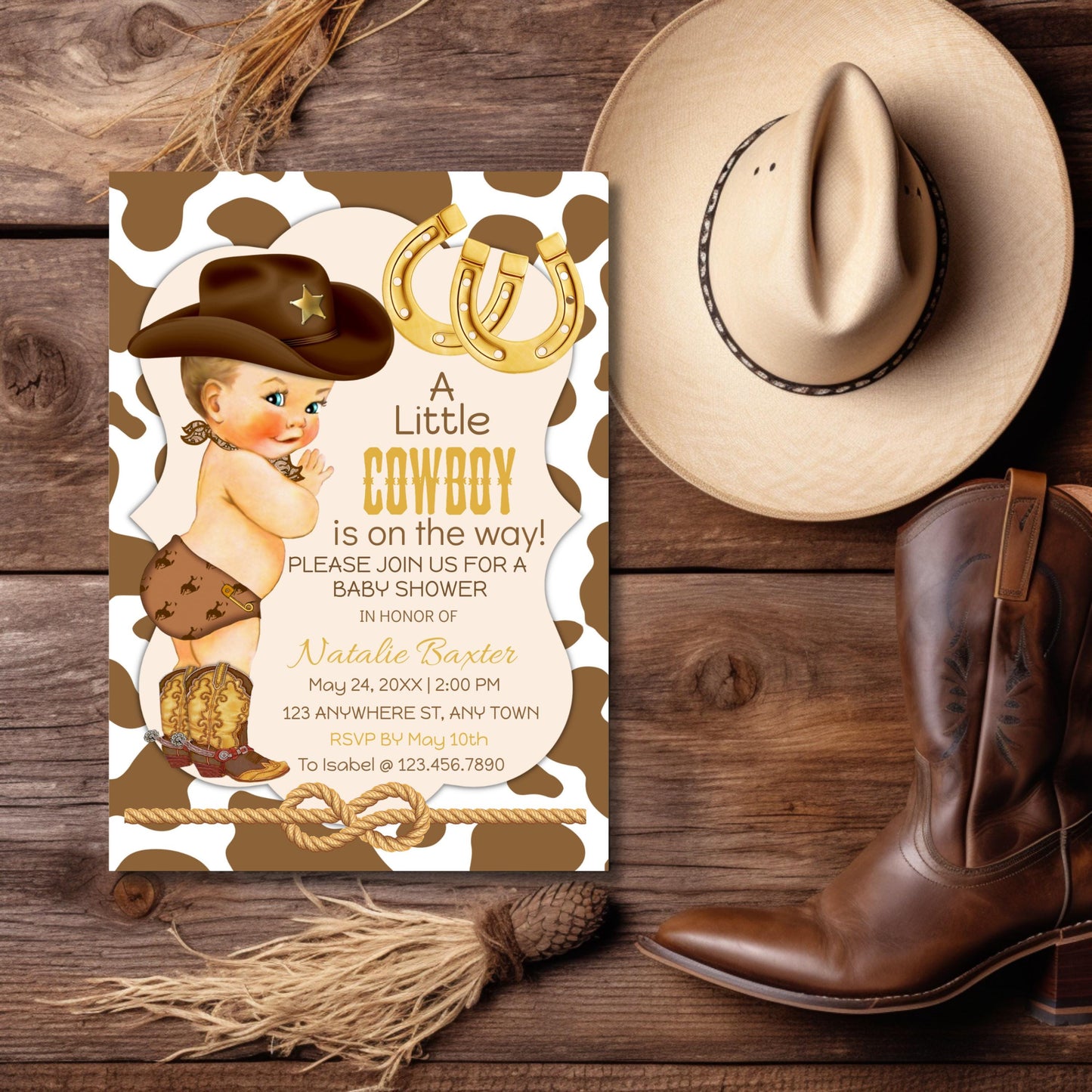 cowboy baby shower invitation: rustic western boot (editable corjl template, 5x7 printable