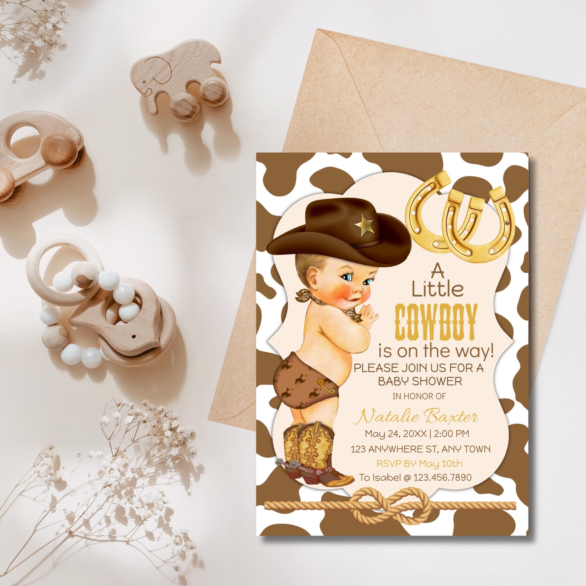 Cowboy Baby Shower Invitation: Rustic Western Boot (Editable Corjl Template, 5x7 Printable