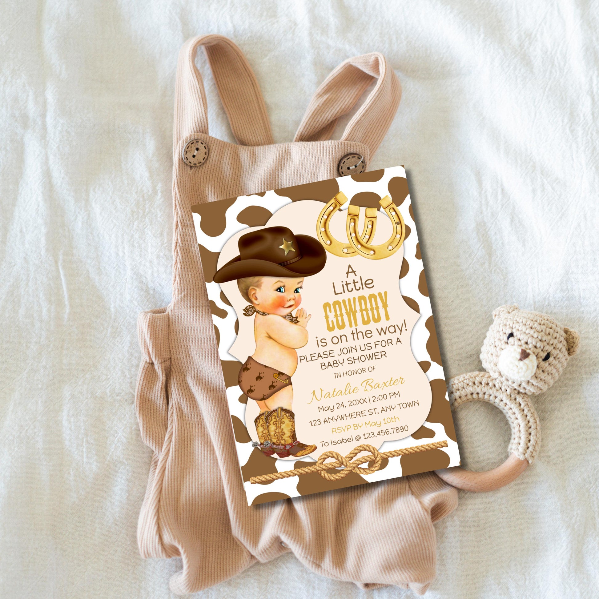 Cowboy Baby Shower Invitation: Rustic Western Boot (Editable Corjl Template, 5x7 Printable